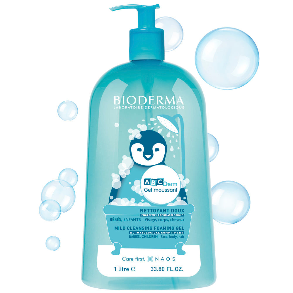 Bioderma ABCDerm gel moussant bottle with penguin illustration on a white background