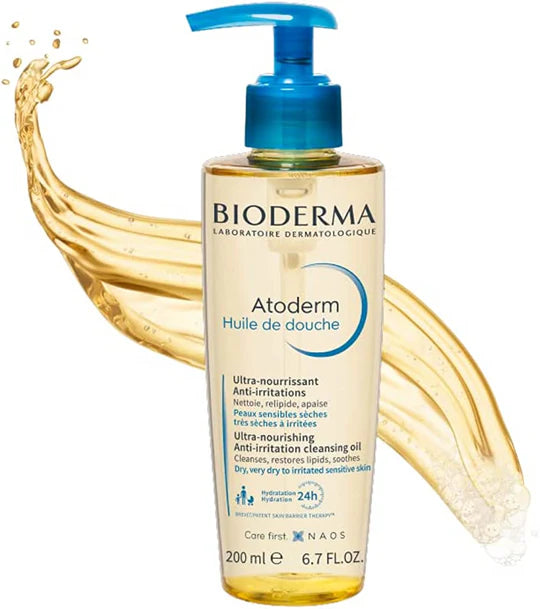 Bioderma Atoderm shower oil bottle with blue pump on a white background