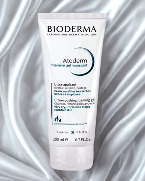 Bioderma Atoderm intensive gel moussant tube on a silver background