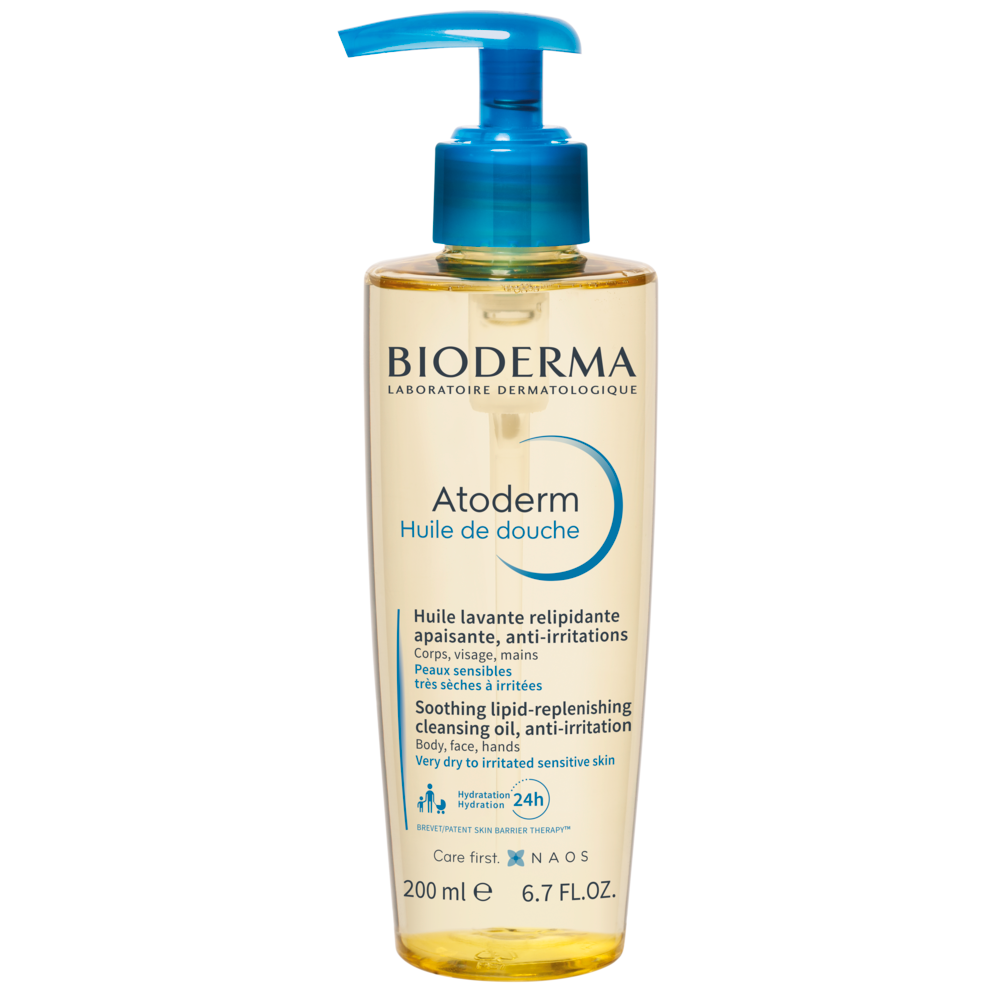 Bioderma Atoderm shower oil bottle on a white background