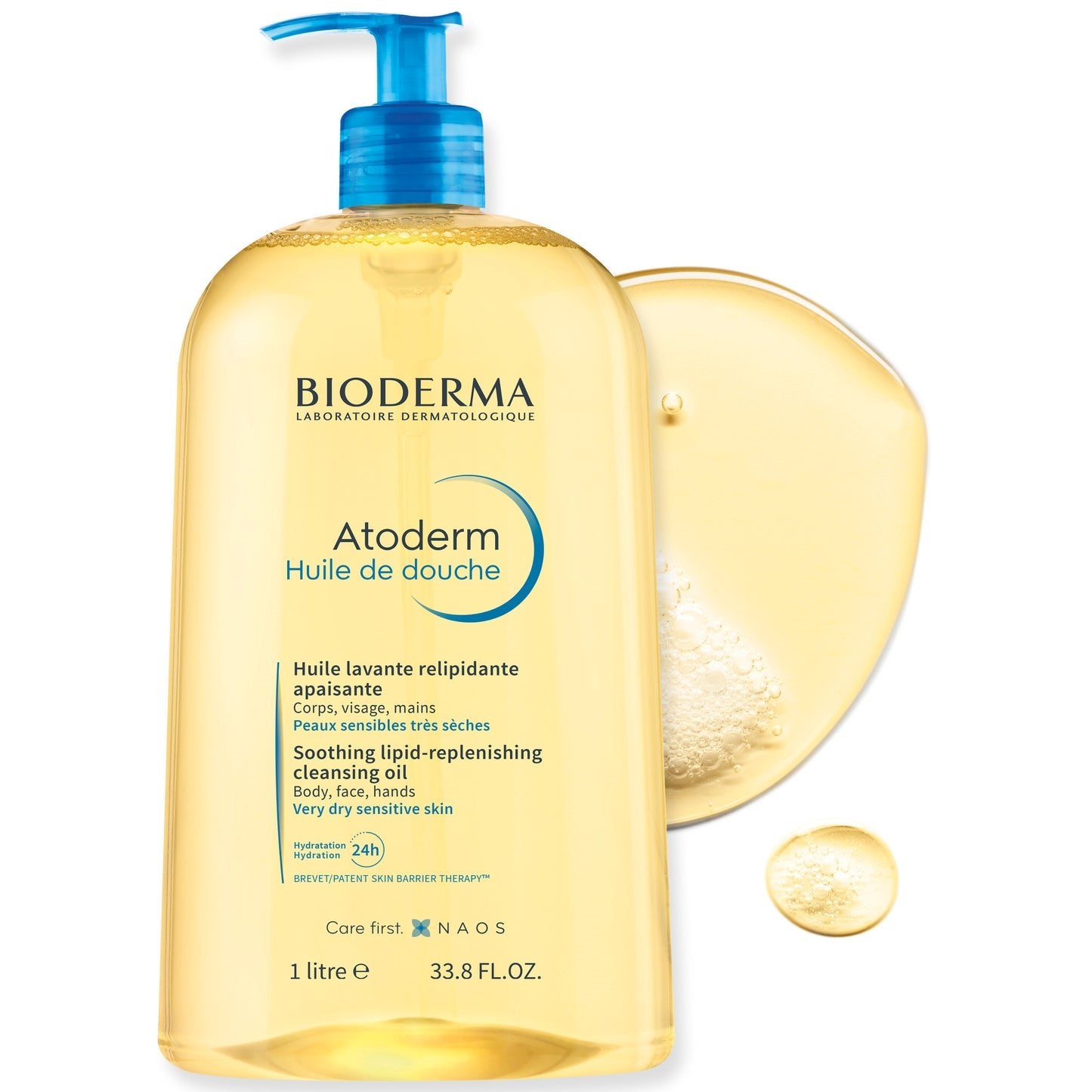 Bioderma Atoderm shower oil bottle with pump on a white background