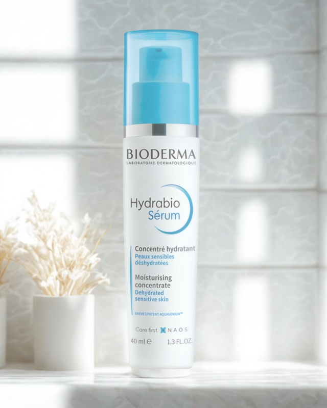 Bioderma Hydrabio Serum bottle on a white surface with a blurred background