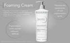 Bioderma Pigmentbio Foaming Cream bottle on a gray background with text about its benefits.