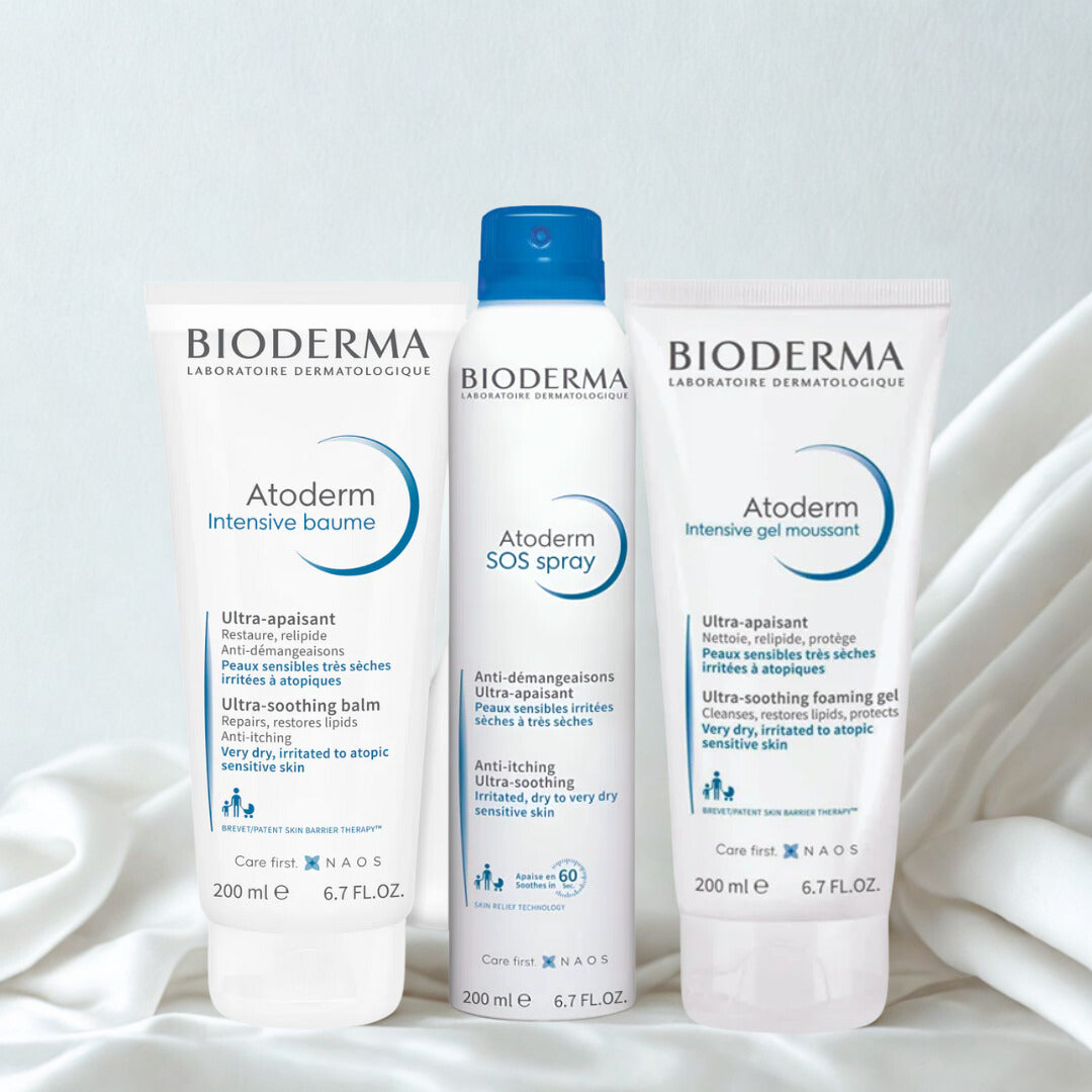  Bioderma Products kept on white fabric drapery background
