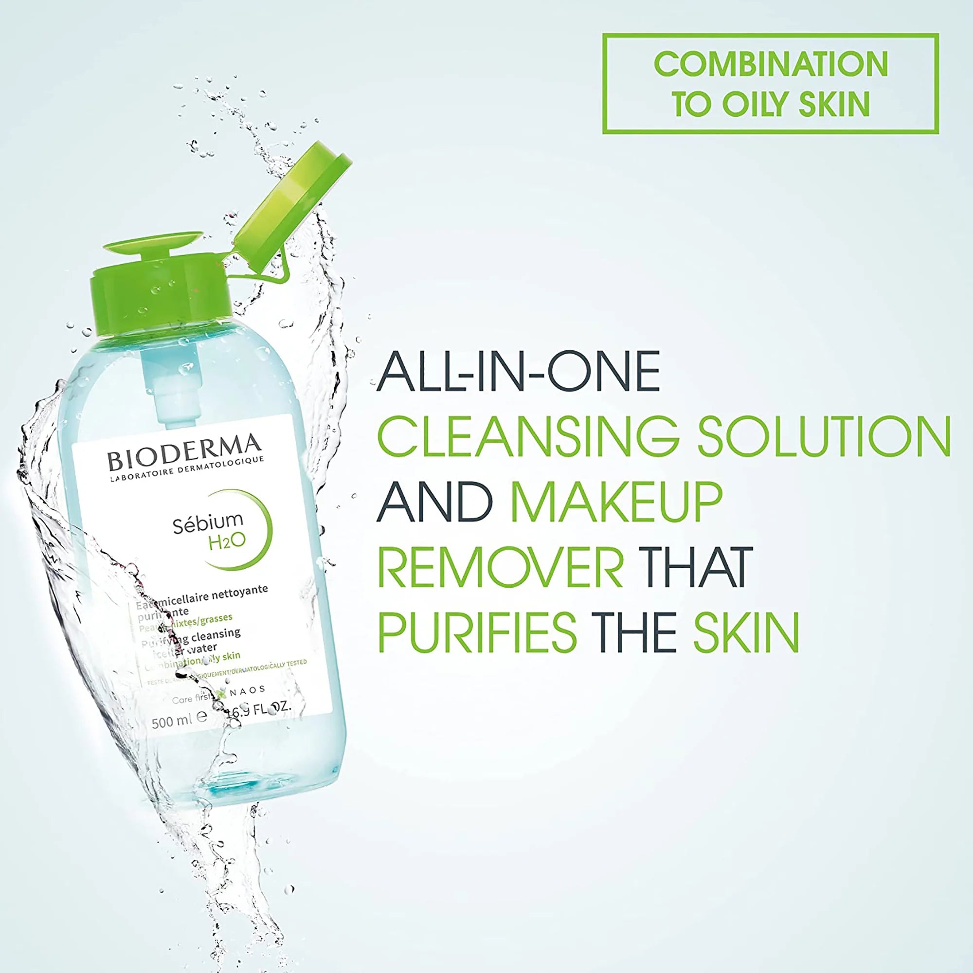 Bioderma cleansing solution bottle with text on a light blue background