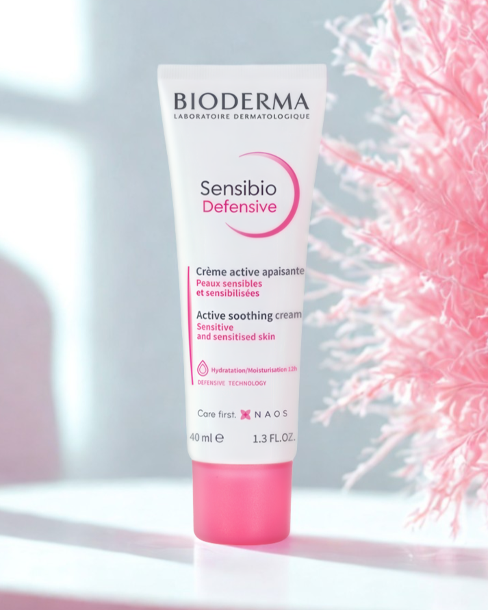 Bioderma Sensibio Defensive cream tube with pink background