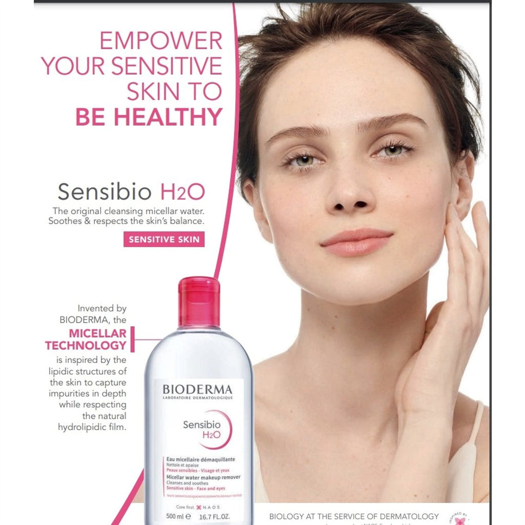 Bioderma Sensibio H2O product with a woman touching her face on a white background