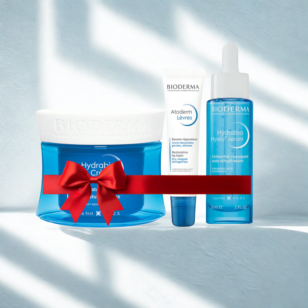 Bioderma anti dryness products kept on a white backdrop.