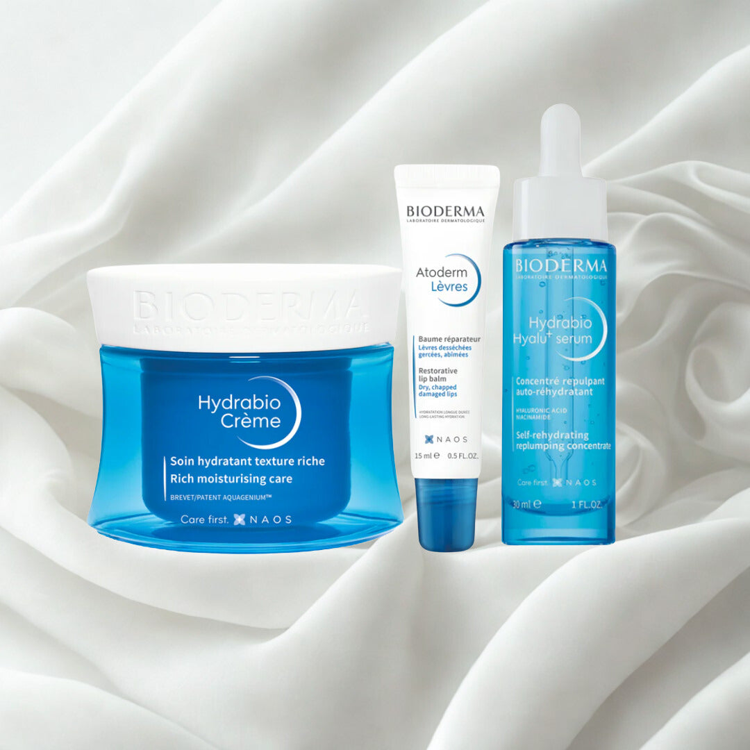 Bioderma anti dryness products kept on a white backdrop