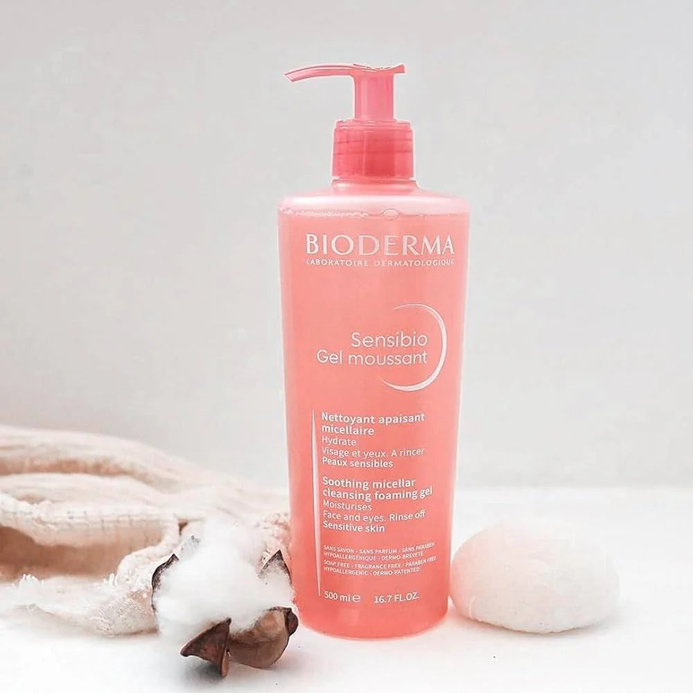 Bioderma bottle of Sensibio Gel moussant on a light background