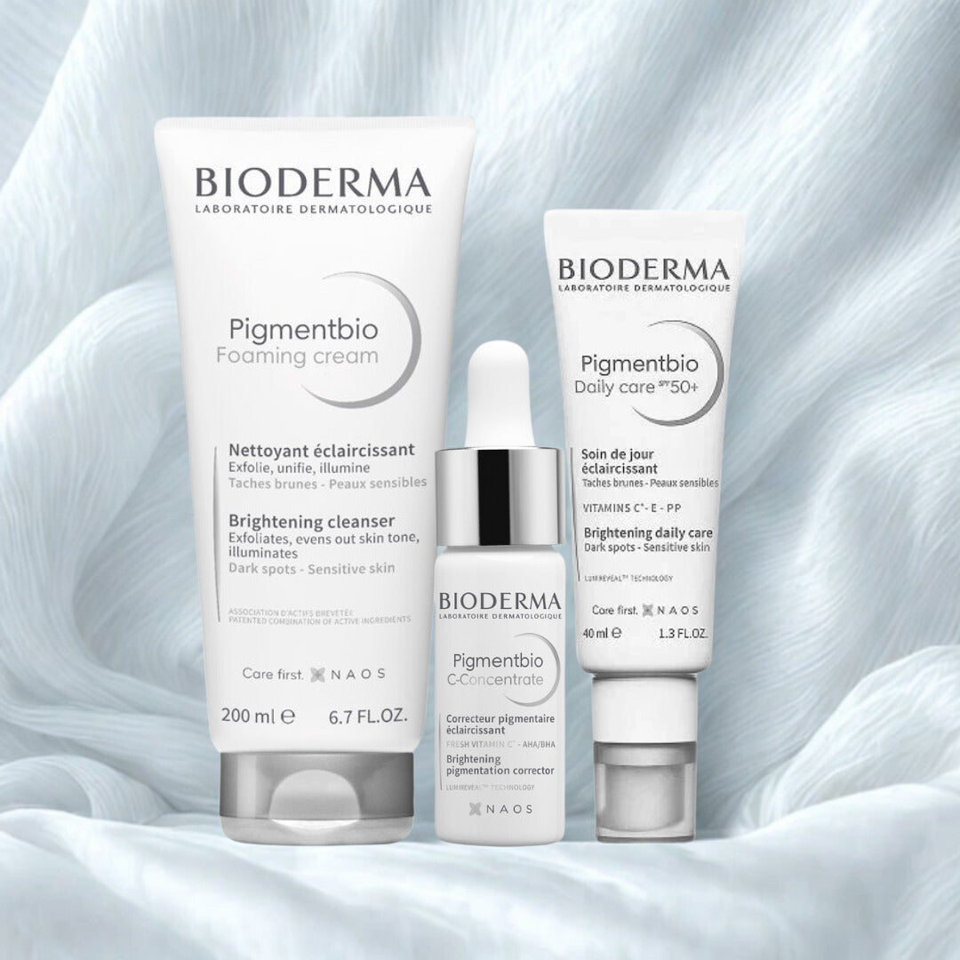 Bioderma oily skin routine products on a white backdrop