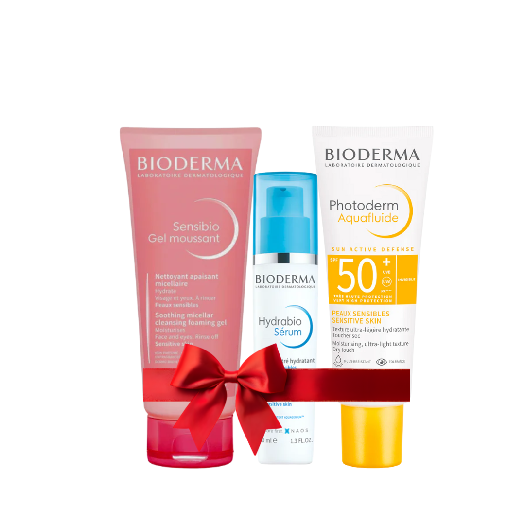 Bioderma skincare products including a gel moussant, serum, and sun cream on a white background.
