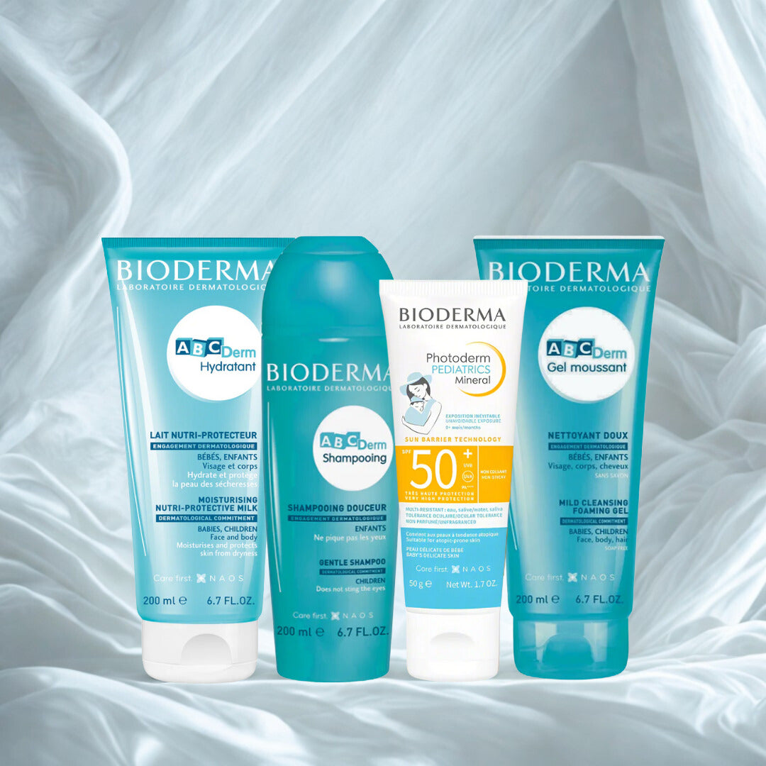 Bioderma skincare products on a textured white background