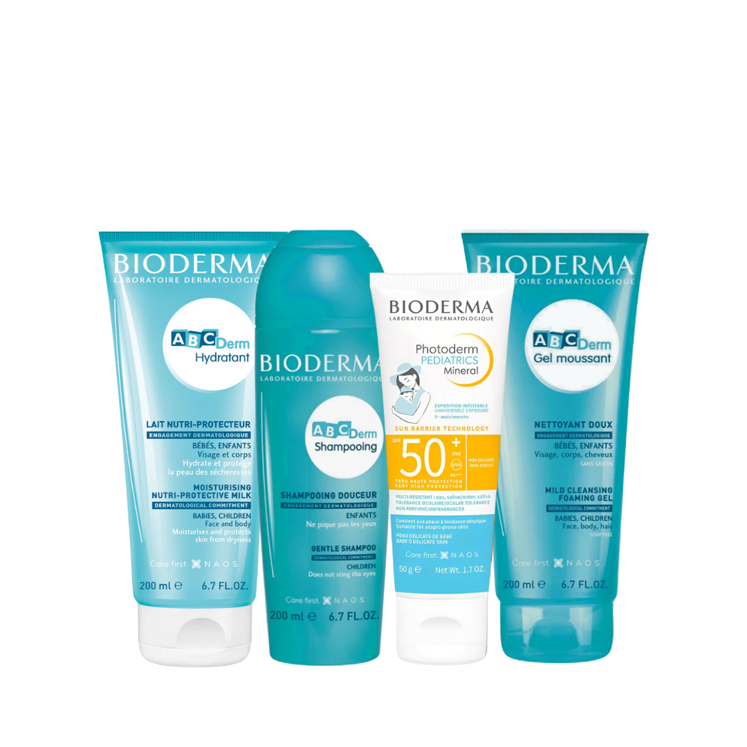 Bioderma skincare products including shampoo, gel, and other items on a white background