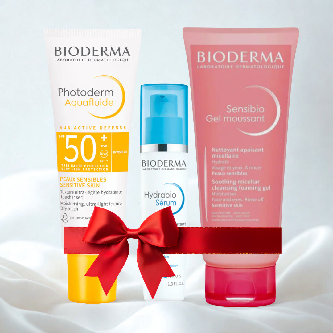 Bioderma skincare products with a red bow on a white background