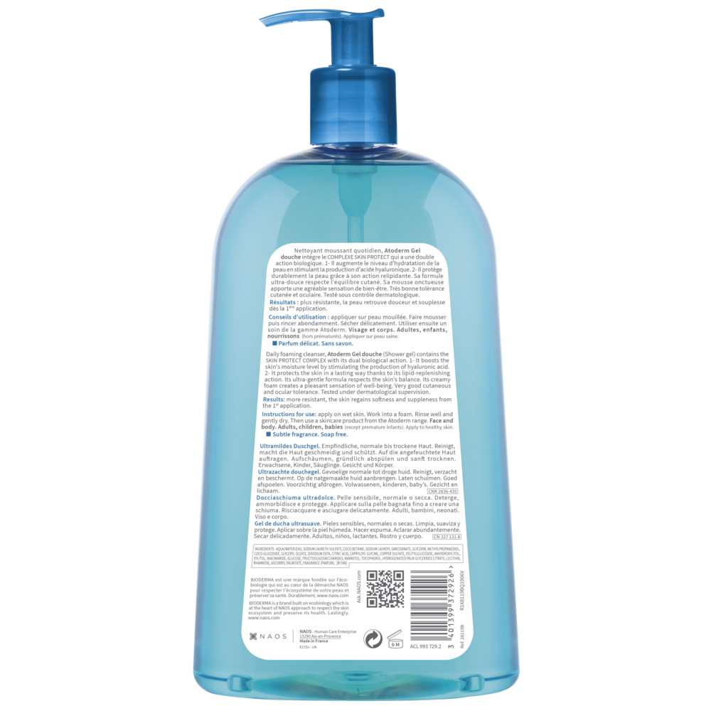 Blue bottle with pump and label on a white background