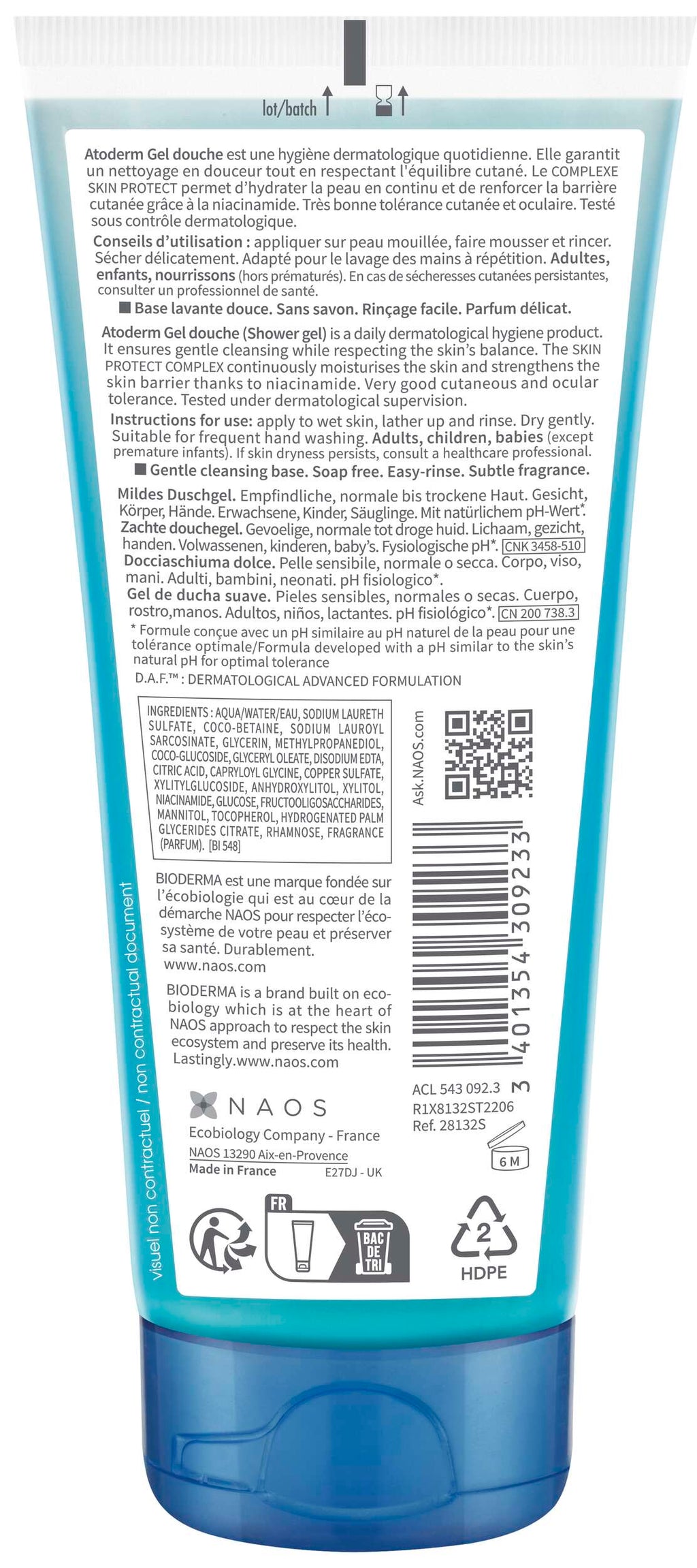 Blue skincare product tube with text and branding on a white background