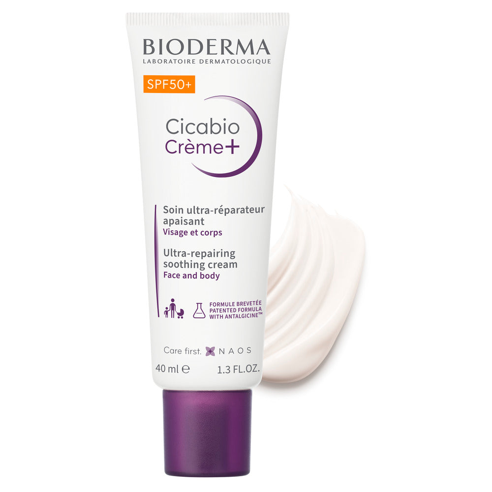 Bioderma Cicabio Creme+ cream tube with a swatch of cream on a white background