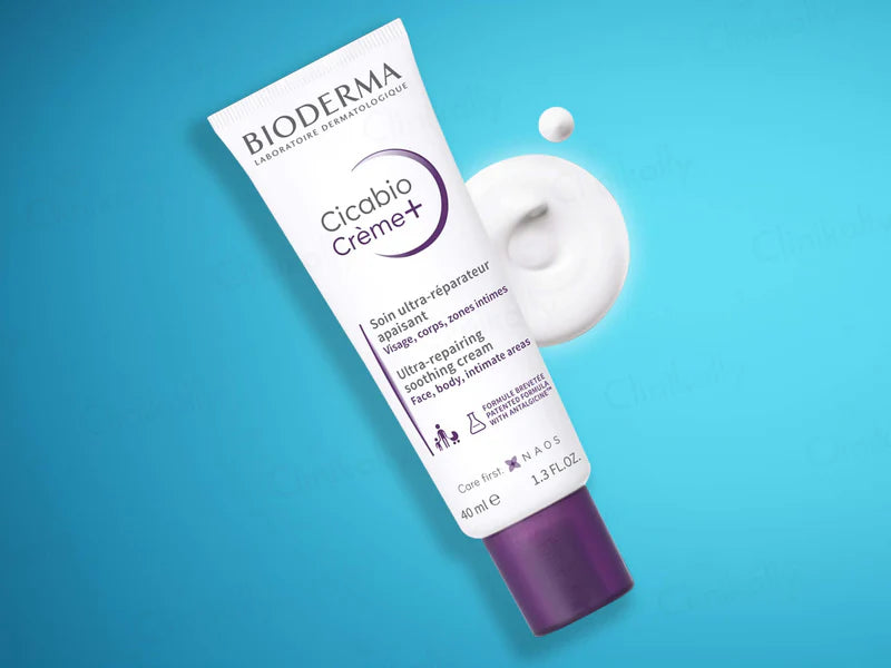 Bioderma Cicabio Creme+ tube with cream on a blue background