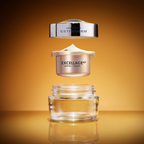 Cosmetic jars with 'Institut Esthederm' branding on an orange background