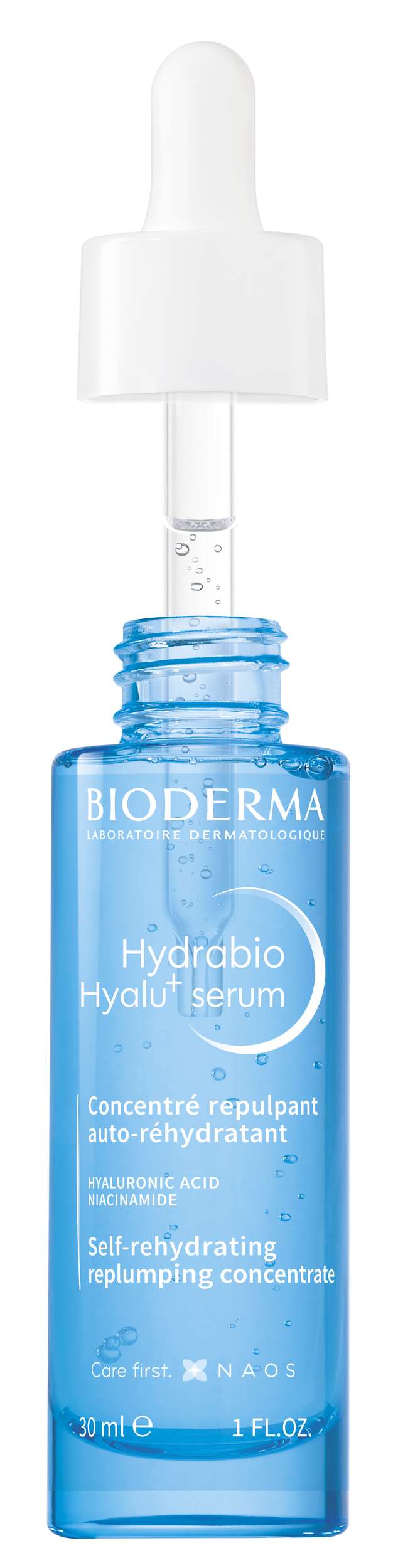 Bioderma Hydrabio Hyalu Serum bottle with dropper on a white background