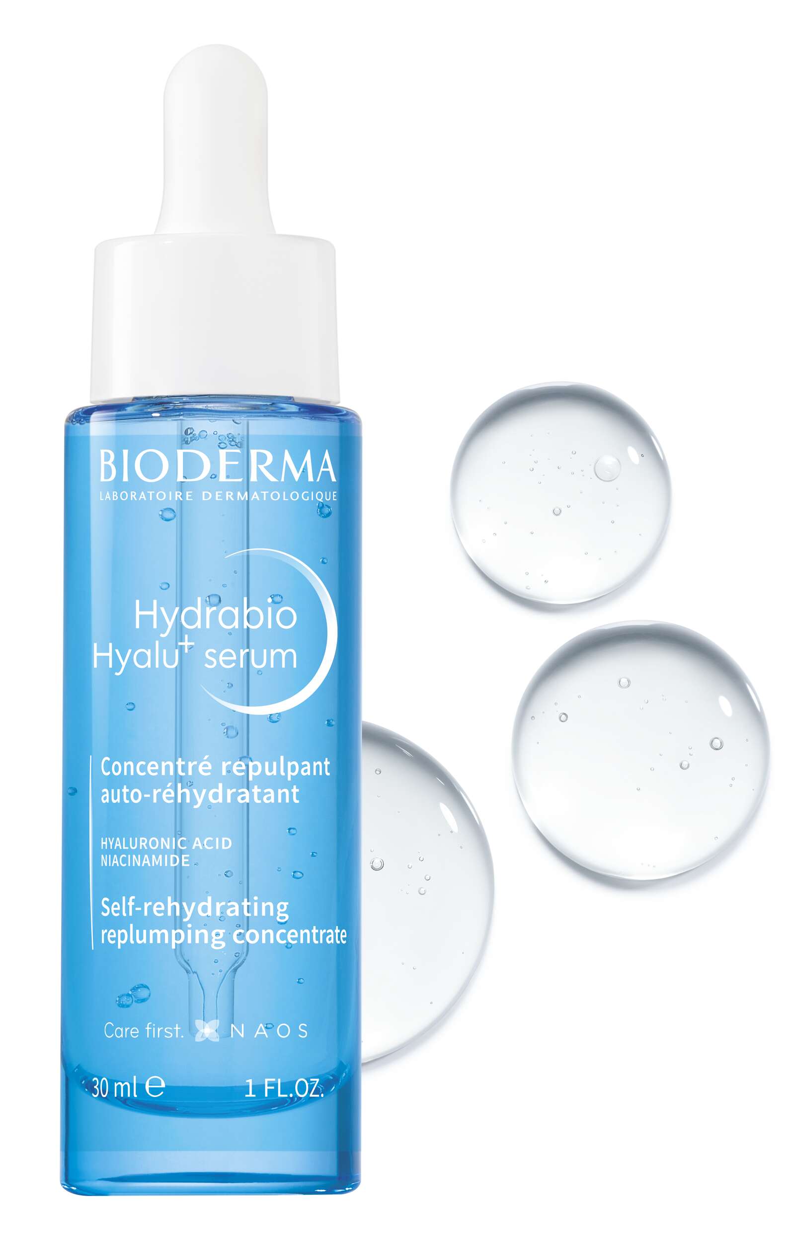 Bioderma Hydrabio Hyalu serum bottle with dropper on a white background