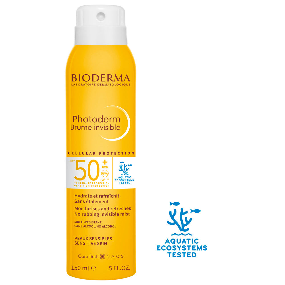 Bioderma sunscreen spray bottle on a white background