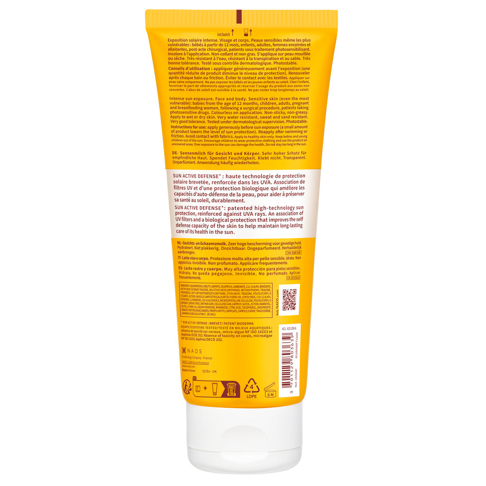 Back label of a yellow and white skincare product on a white background