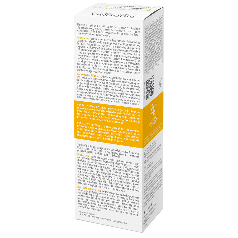 Product packaging with text and a QR code on a white background