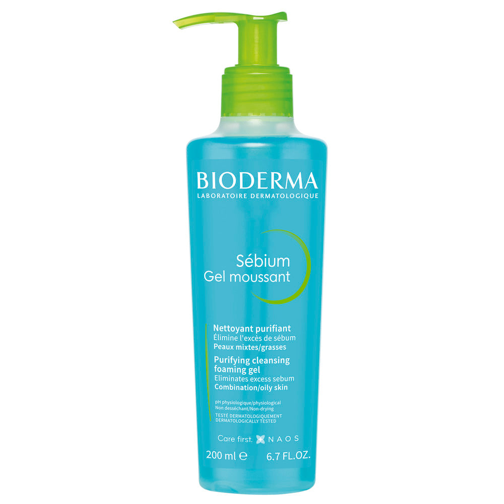 Bioderma Sebium foaming gel bottle on a white background