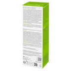 Green and white product packaging with text on a white background