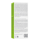 Product packaging with text and a QR code on a white background