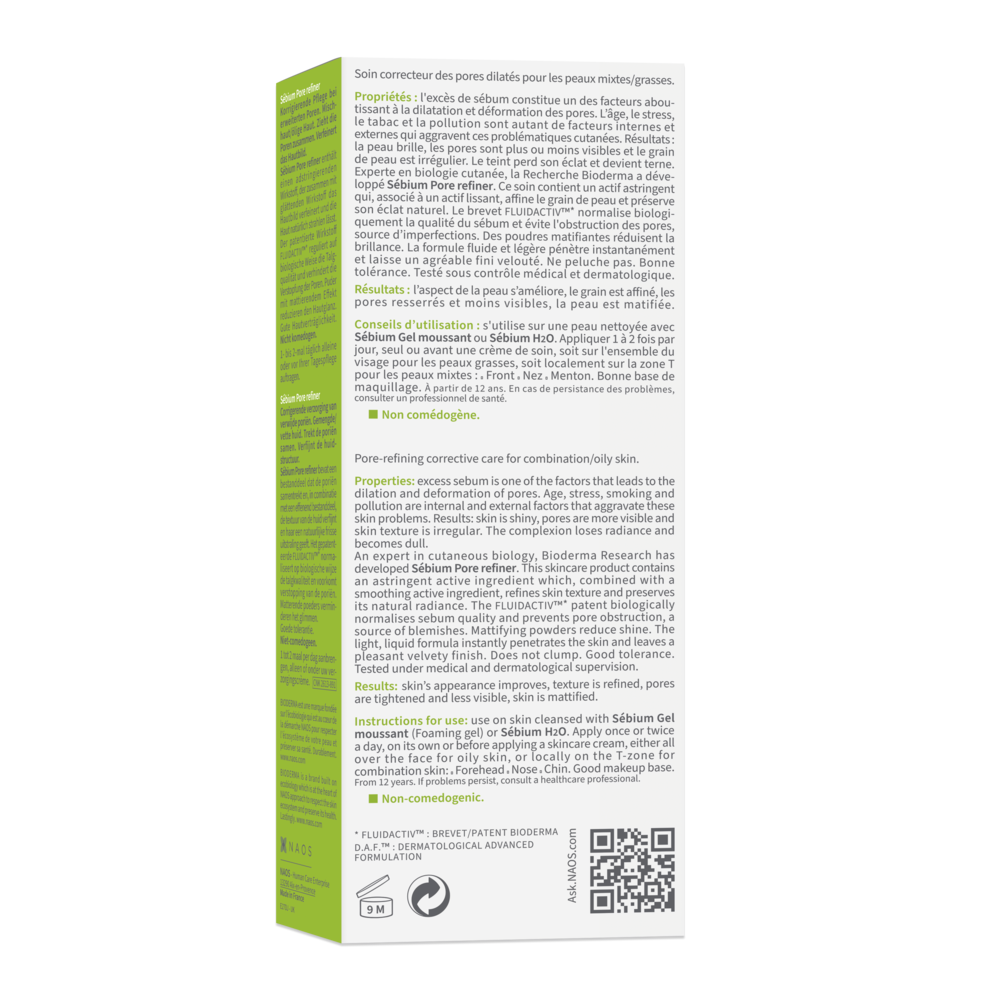 Product packaging with text and a QR code on a white background