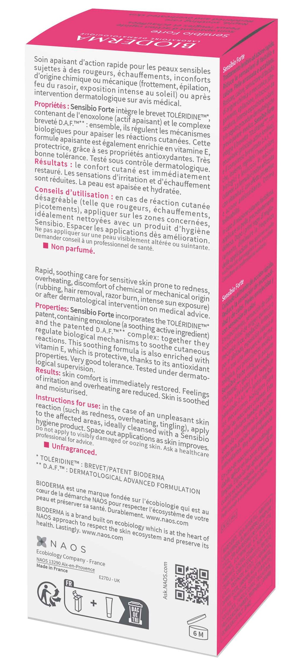 Product packaging with text and a QR code on a pink background```