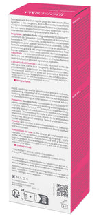 Product packaging with text and a QR code on a pink background```