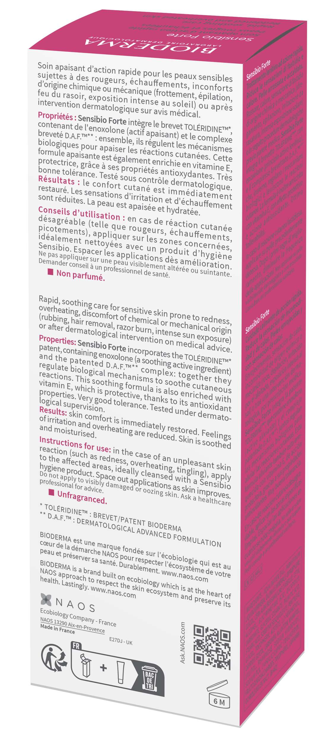 Product packaging with text and a QR code on a pink background```