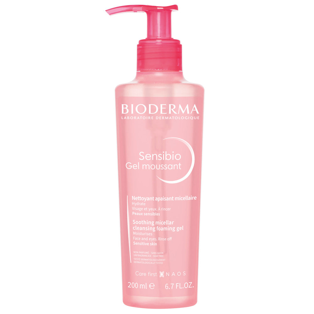 Bioderma Sensibio foaming gel bottle on a white background