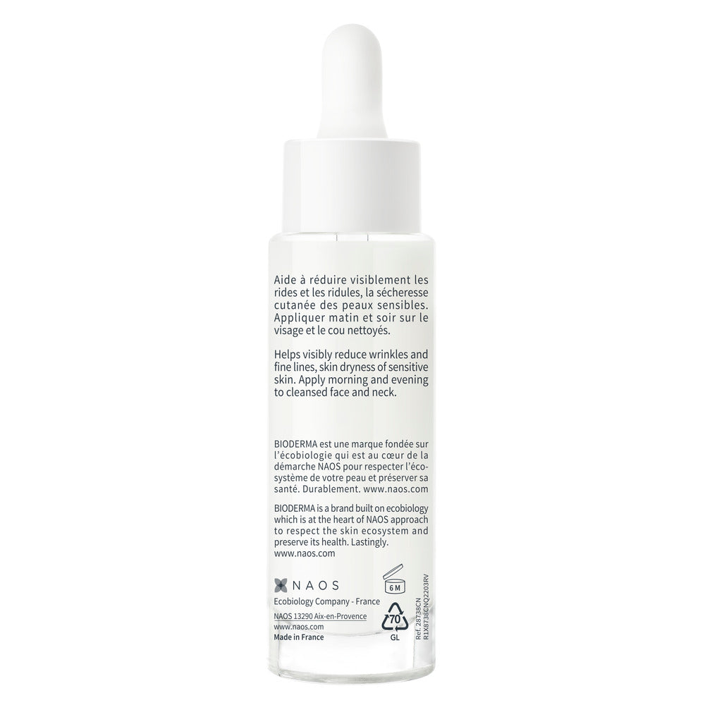 Skincare dropper bottle with text on a white background