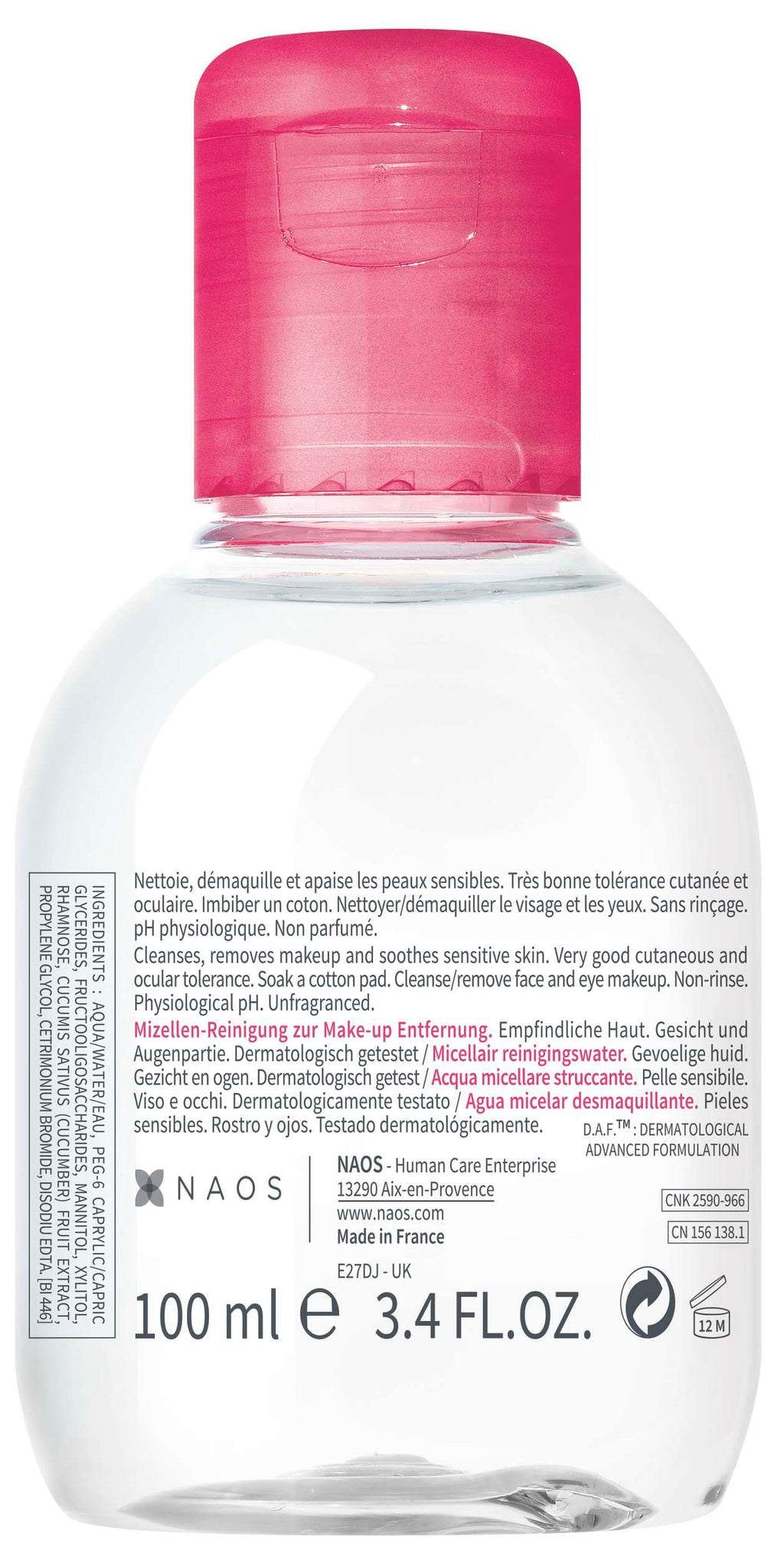 Bottle of NAQs eye makeup remover with pink cap on a white background
