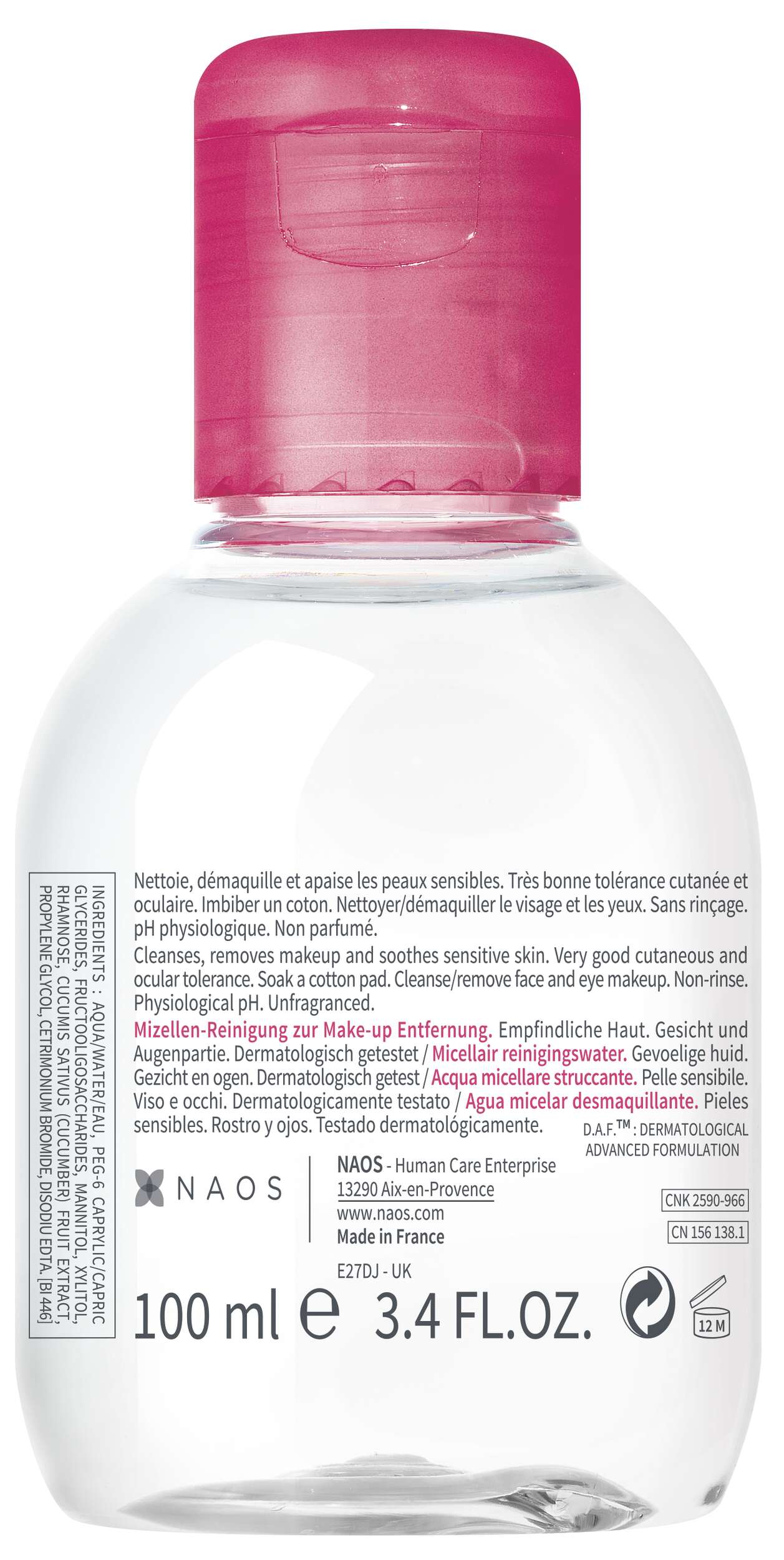 Bottle of NAQs eye makeup remover with pink cap on a white background