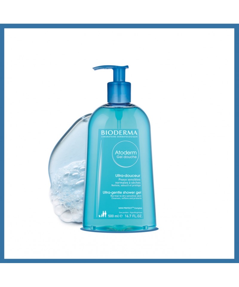 Bioderma shower gel bottle with pump on a white background