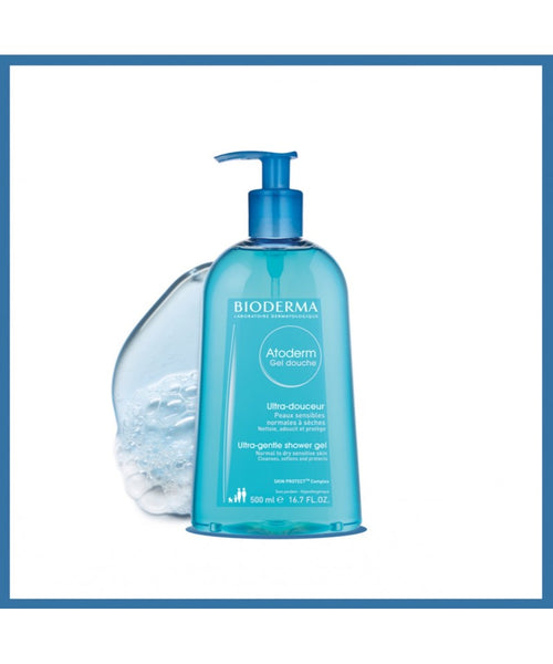 Bioderma shower gel bottle with pump on a white background